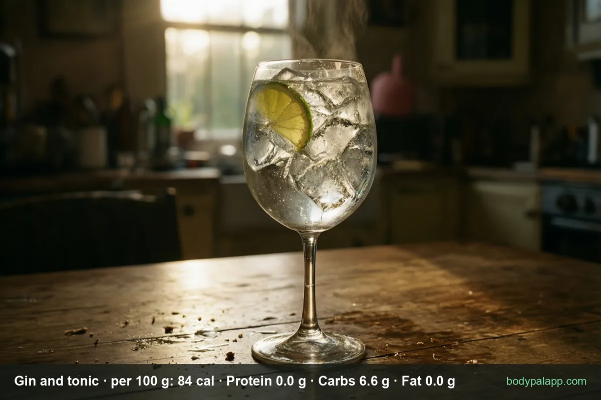 Round glass of gin and tonic with ice, two lime slices, a rosemary sprig and juniper berries