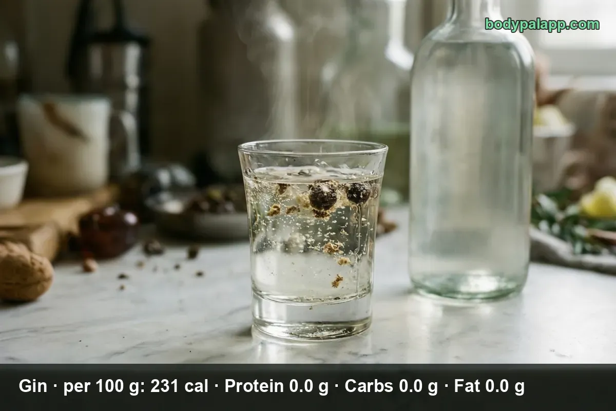 Low glass of clear gin with a few floating juniper berries and crumbs beside an unlabeled bottle