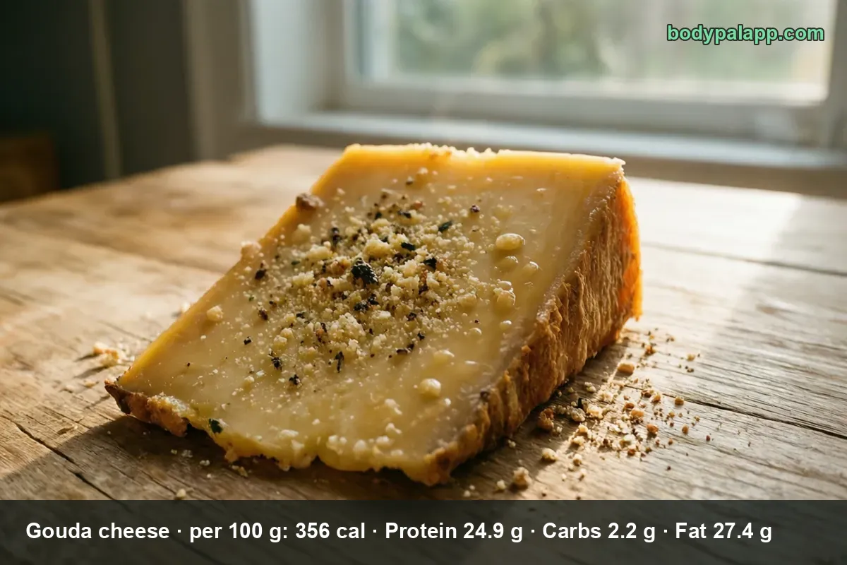 Wedge of gouda cheese with rind, sprinkled with crumbs and black pepper