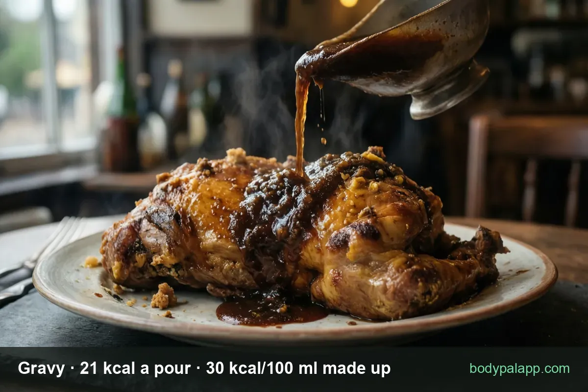 Gravy being poured over a Sunday roast – 21 calories per 70 ml pour