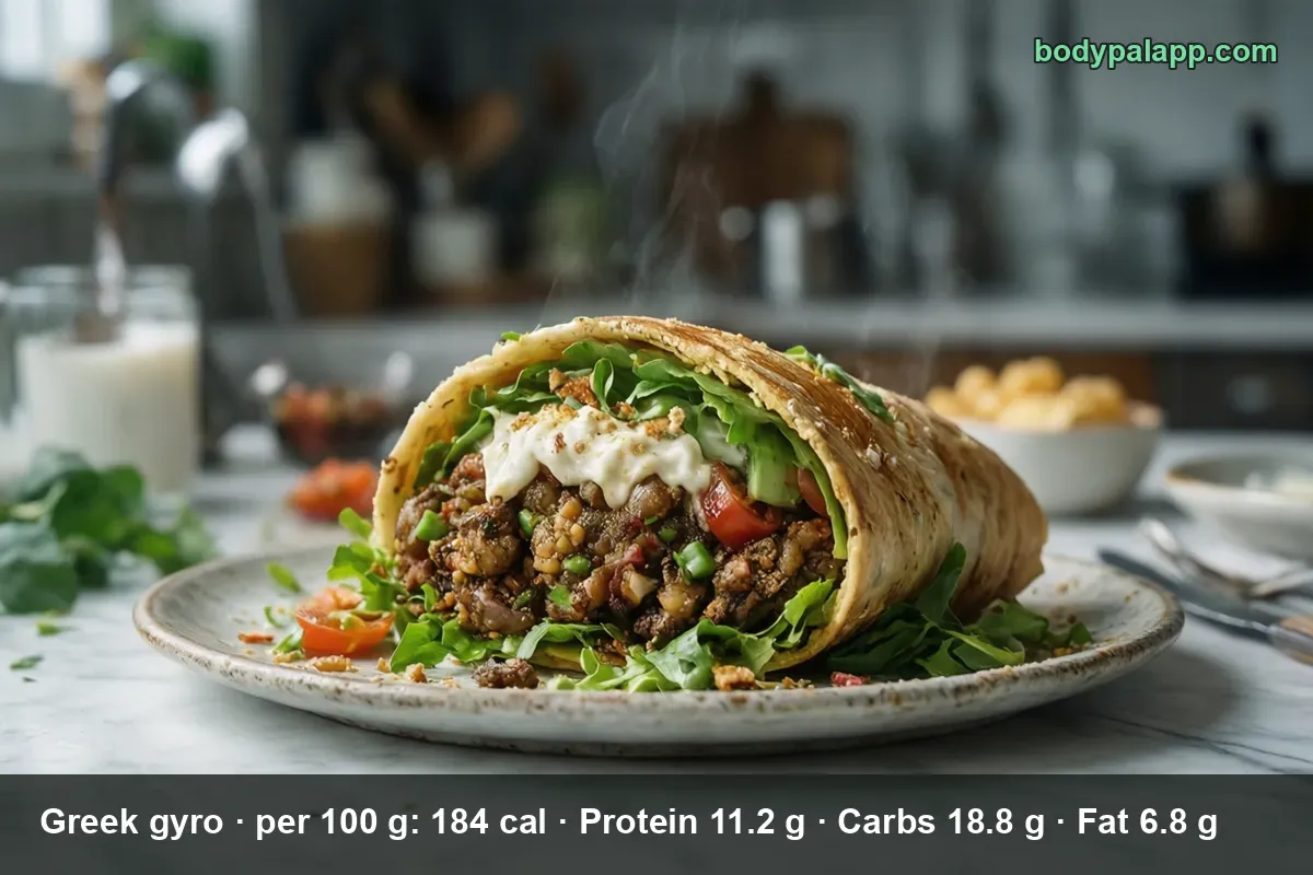 Wrapped Greek gyro on a plate with seasoned ground meat, lettuce, tomato and white sauce, steam rising