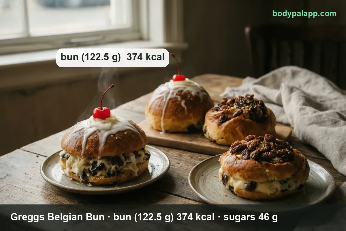 Belgian bun compared with hot cross bun, scone and iced doughnut calories per 100 g