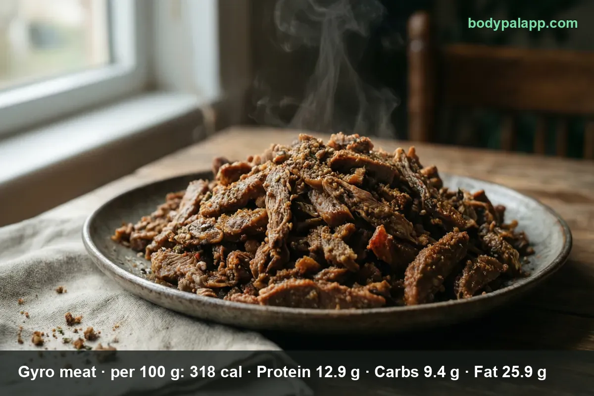 Plate piled with thin strips of seasoned gyro meat, steam rising from the stack