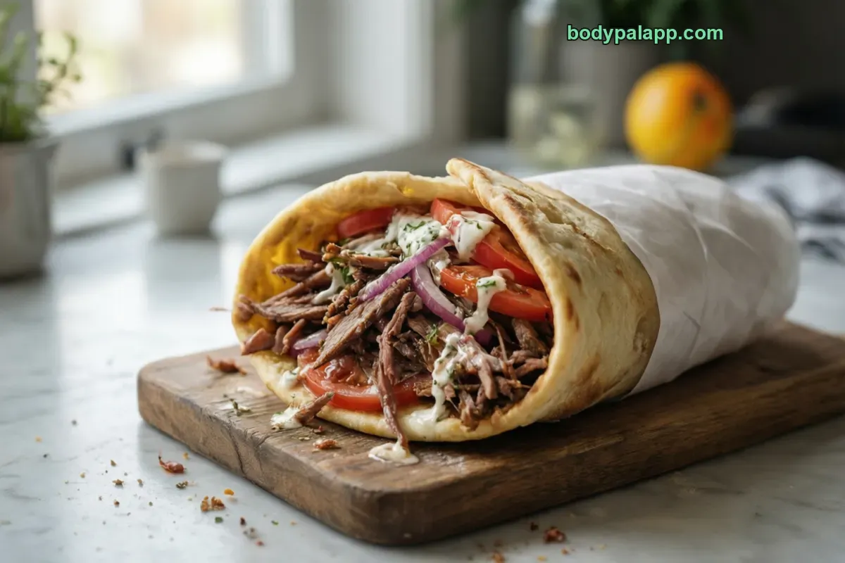 Gyro pita, meat, pita, and toppings