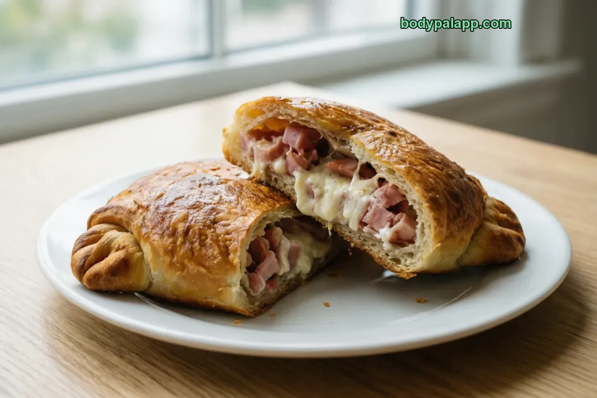 Ham and cheese hot pocket, frozen stuffed sandwich