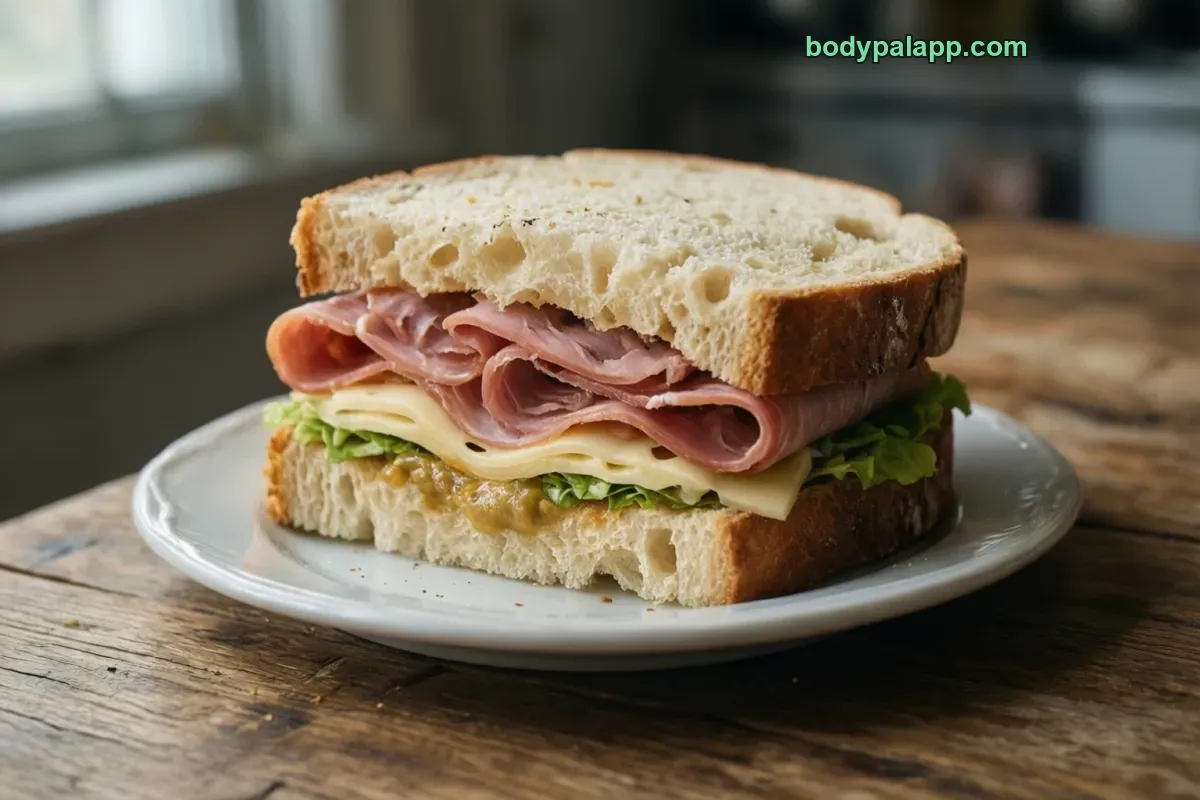 Ham and swiss sandwich, on white bread, with cheese