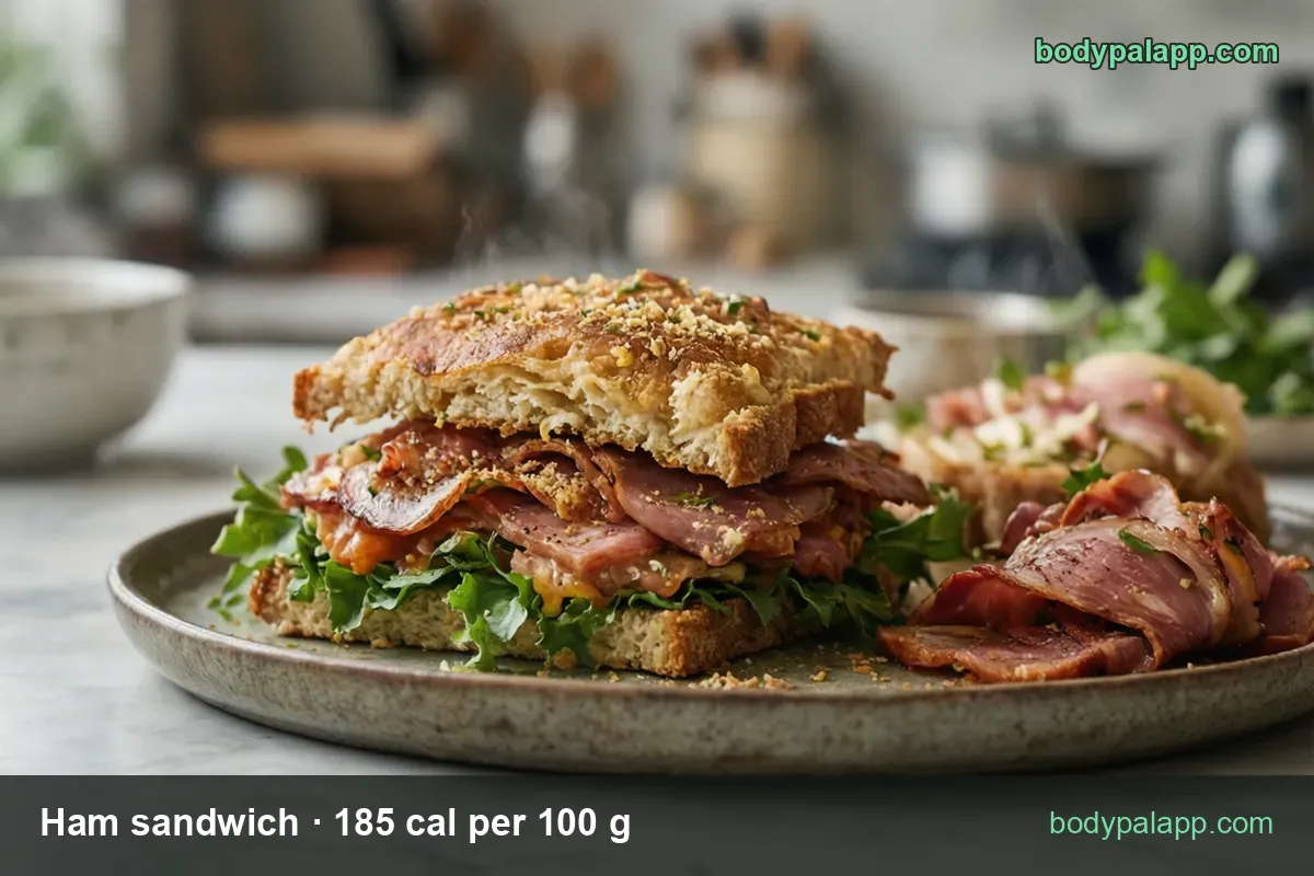 Ham sandwich with lettuce and melted cheese on a plate with extra ham slices; 115 g and 175 g servings