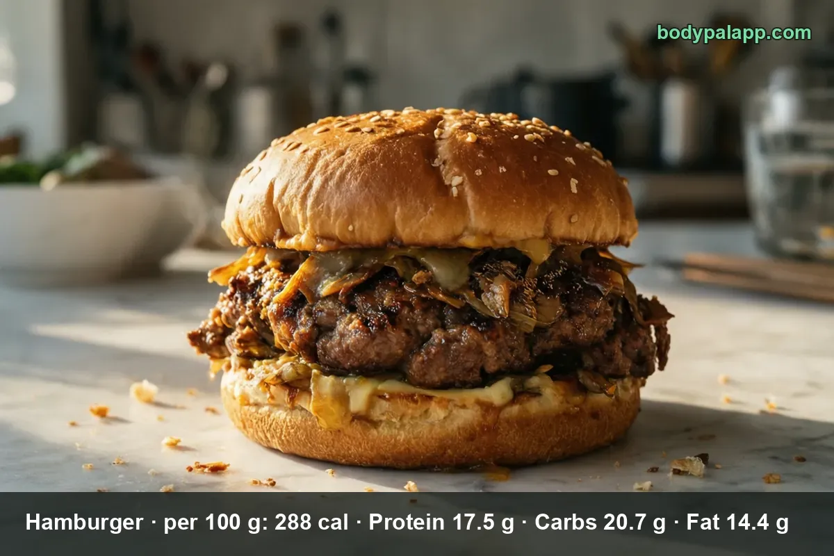 Hamburger with a sesame seed bun, beef patty, melted cheese and caramelized onion