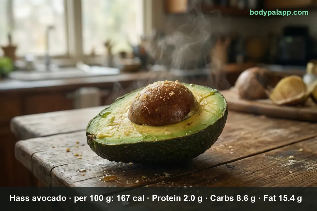 Close-up of a halved Hass avocado with the pit still in, lightly steaming.