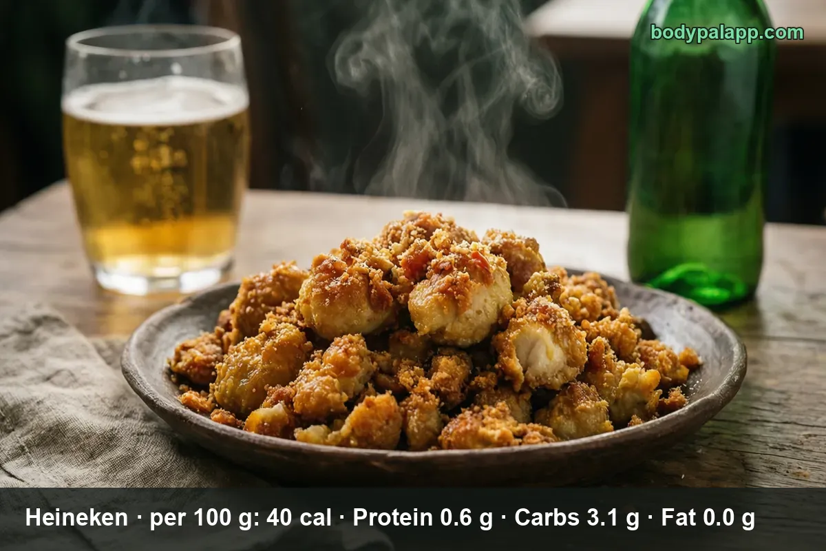 Plate of hot breaded bites with steam, a glass of pale beer on the left and a plain green bottle on the right.