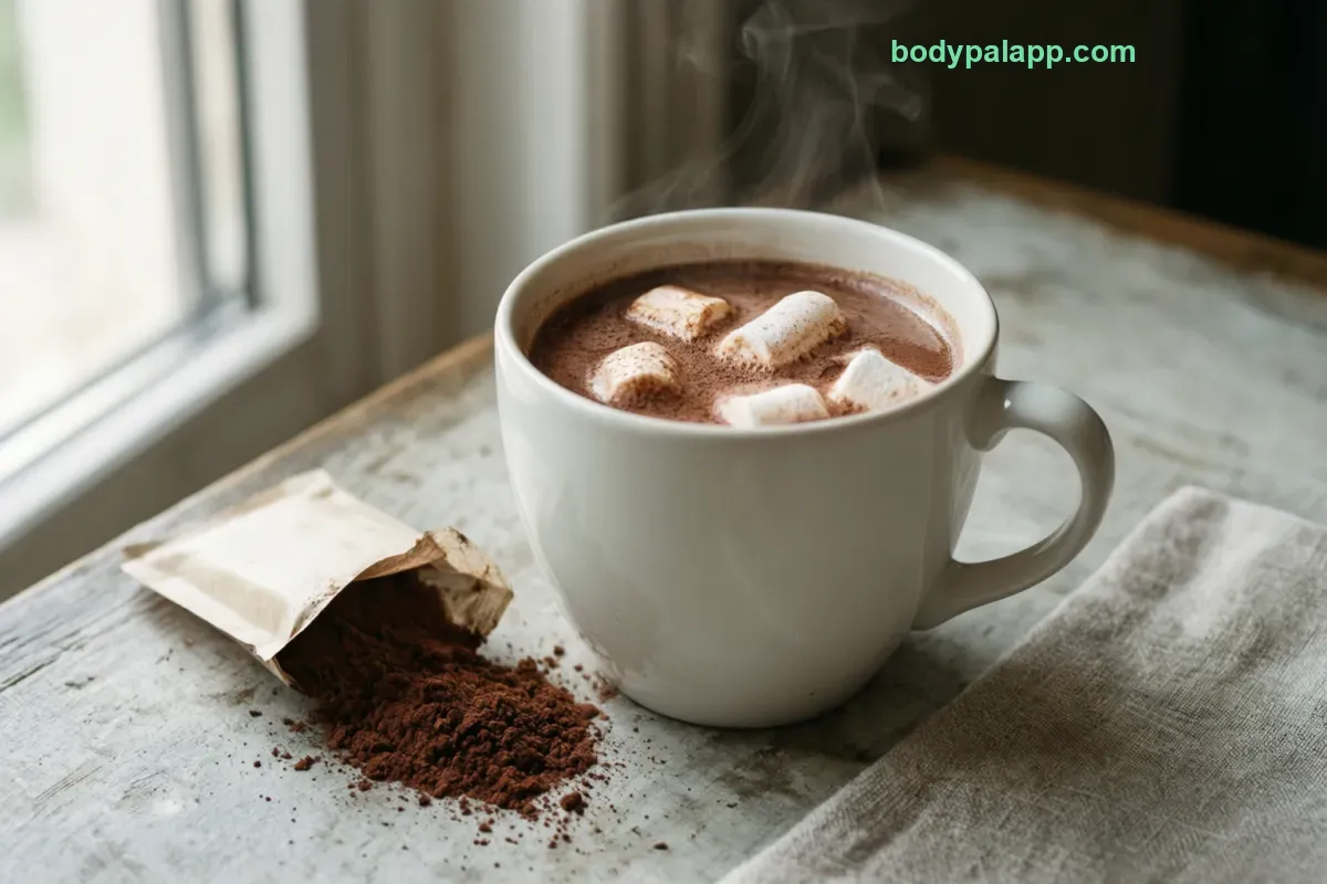 Hot chocolate packet, dry mix, made with water