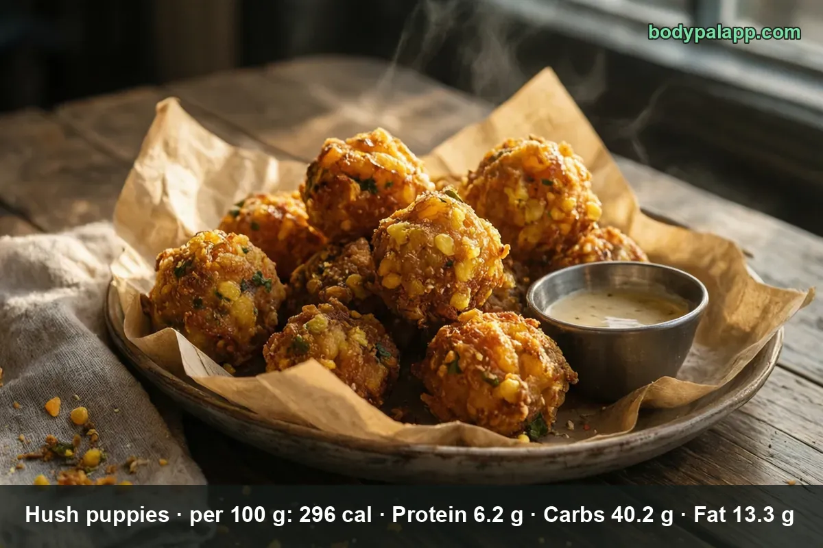 Eight golden fried hush puppies in paper with white dipping sauce, corn kernels visible in the crust