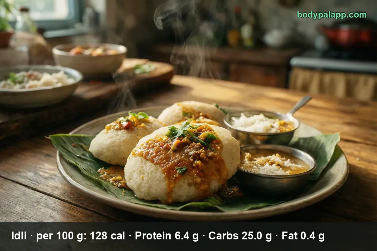 Three idli with chutney and two small metal bowls of rice and sambar on a banana leaf, steam rising