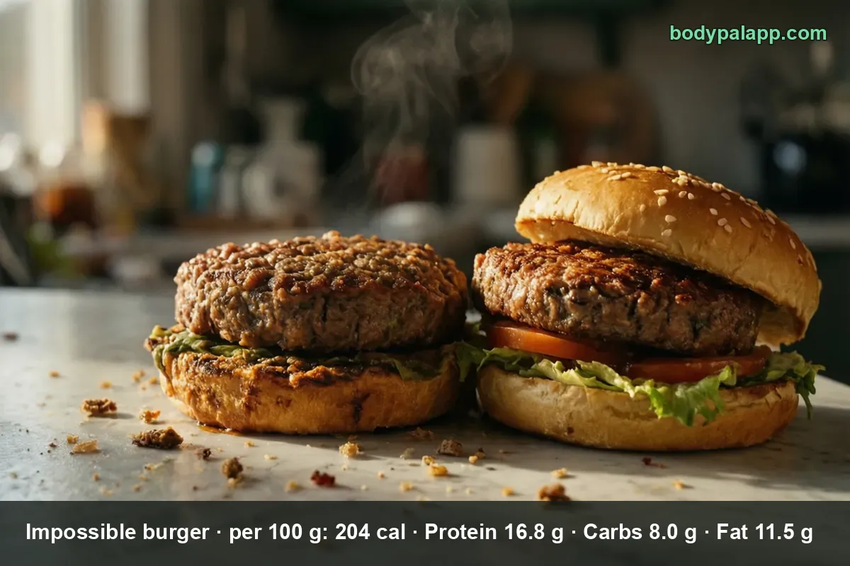 Two Impossible burgers side by side, one with the top bun removed showing the plant-based patty