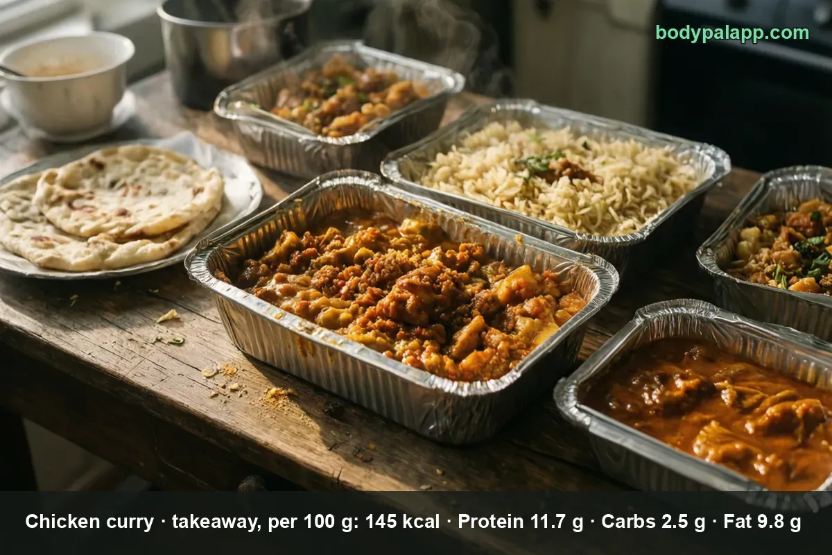 Indian takeaway spread - chicken curry 145 calories per 100 g
