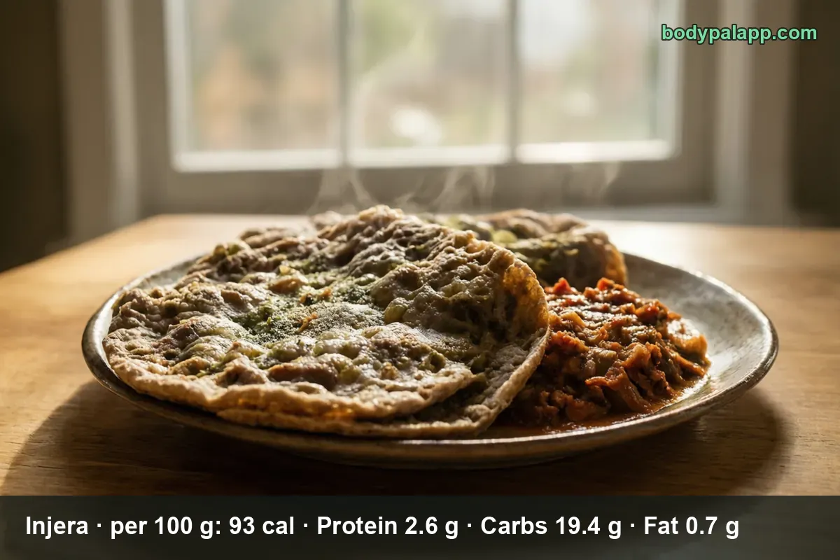Two spongy gray-brown injera flatbreads on a plate beside a serving of red stew