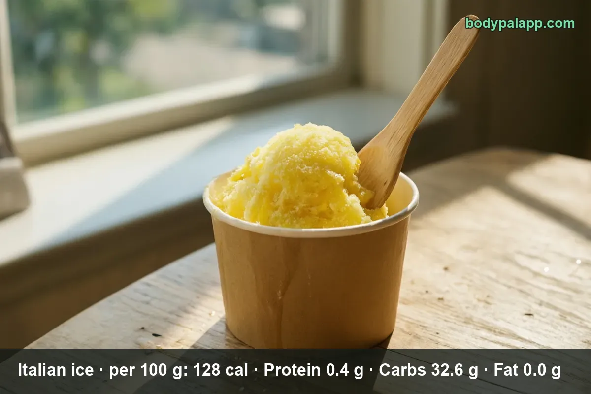 One scoop of bright yellow Italian ice in a paper cup with a wooden spoon
