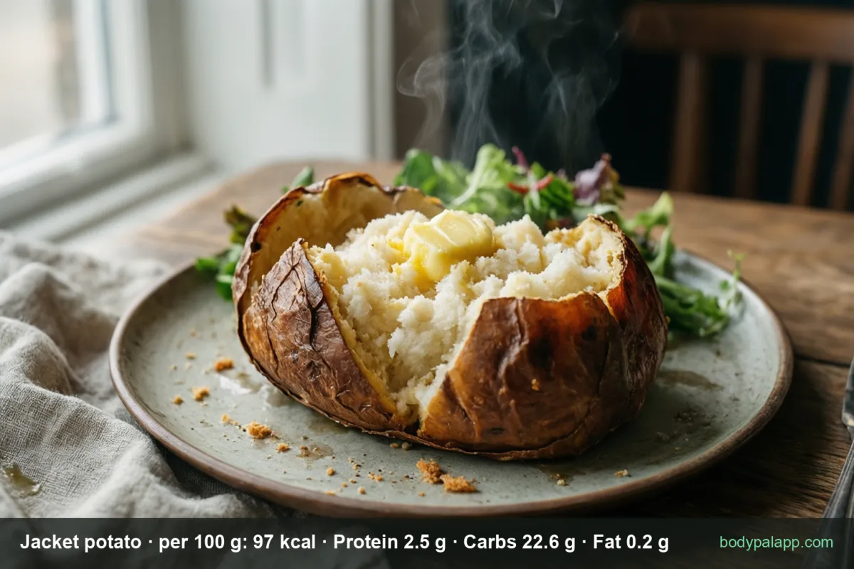 Steaming jacket potato with butter on a plate - 277 calories per medium portion