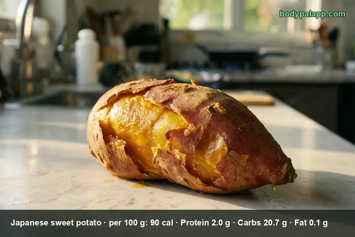 One whole baked Japanese sweet potato with cracked purple-red skin and golden flesh on a marble counter
