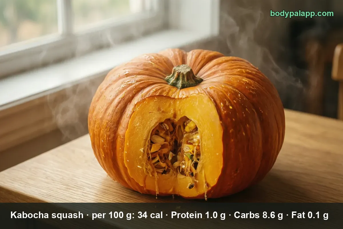 Whole ribbed orange kabocha squash with a wedge cut out, seeds visible inside