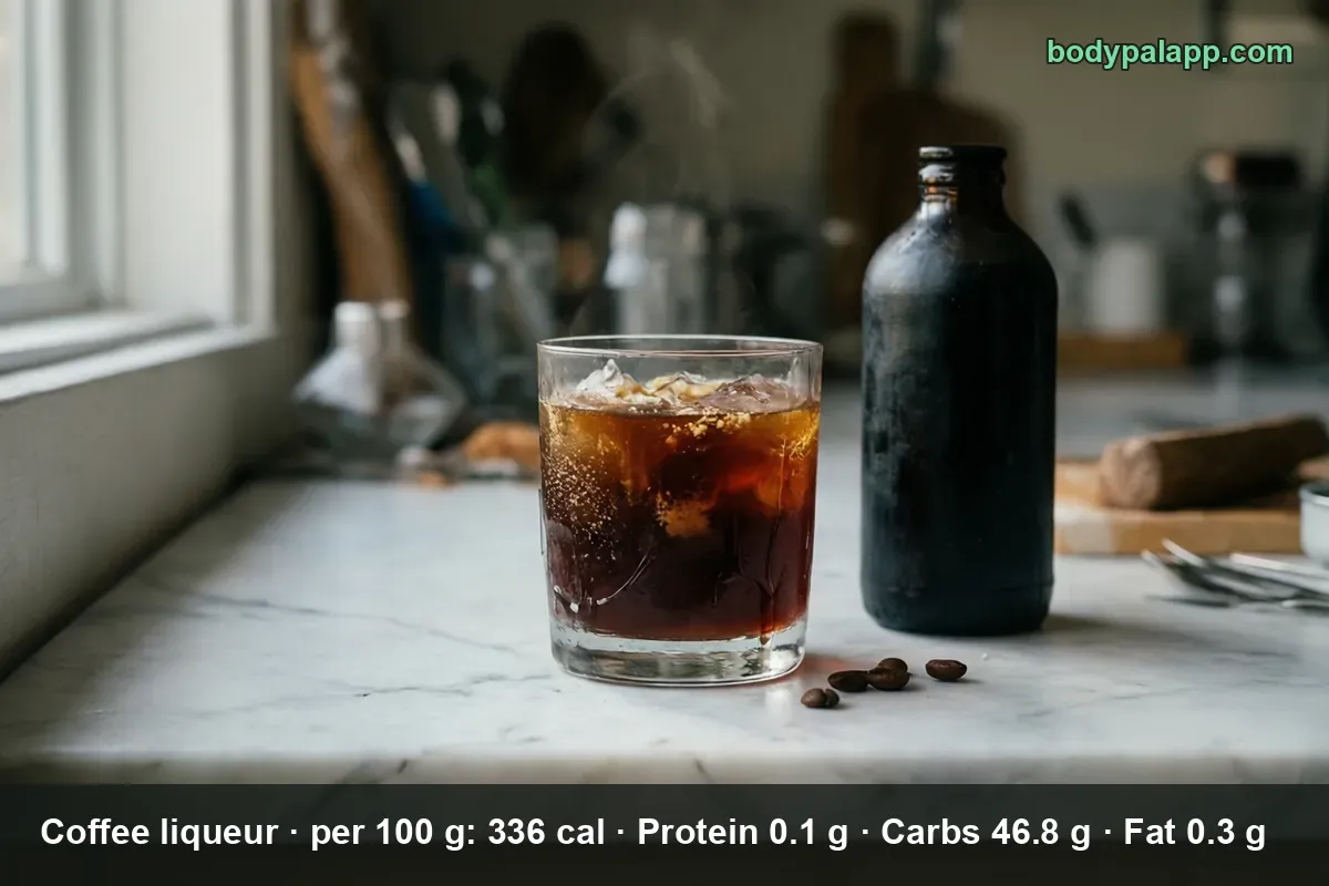 Glass of coffee liqueur over ice next to a matte black unlabeled bottle with a few coffee beans on a marble counter.