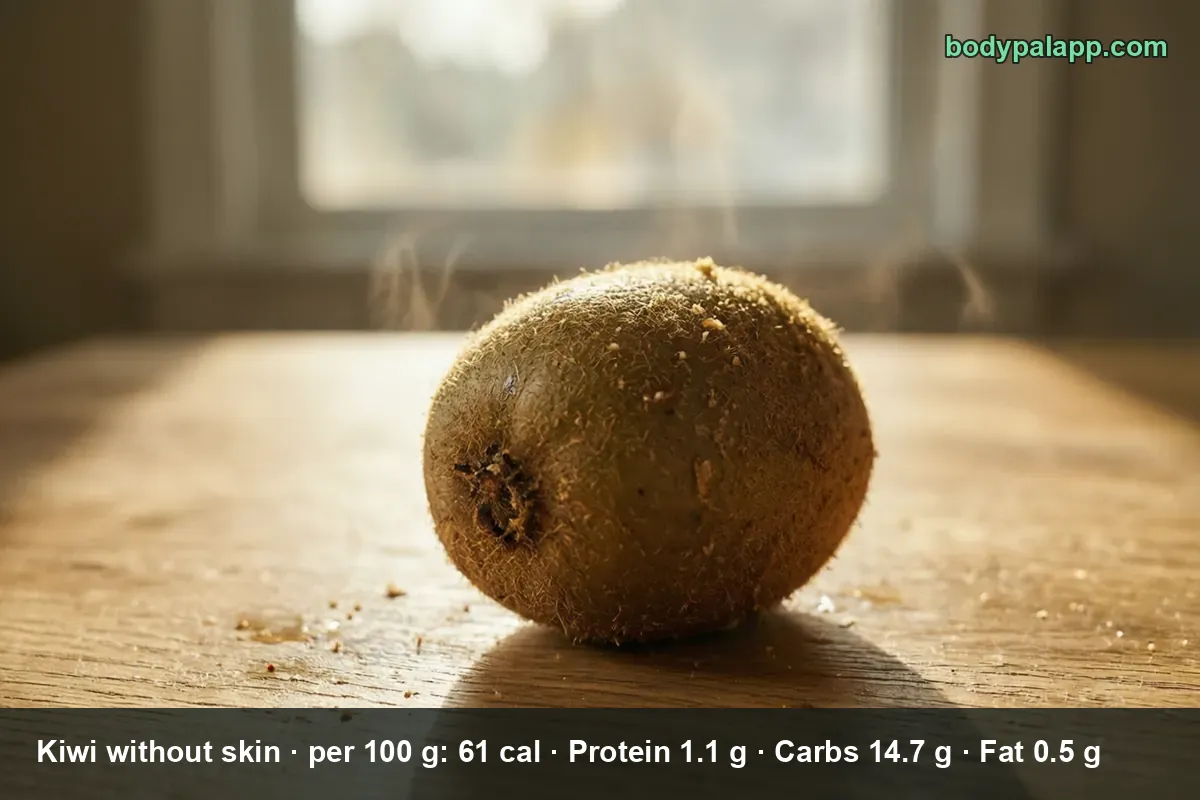 Whole unpeeled green kiwi with fuzzy brown skin, shown on its own