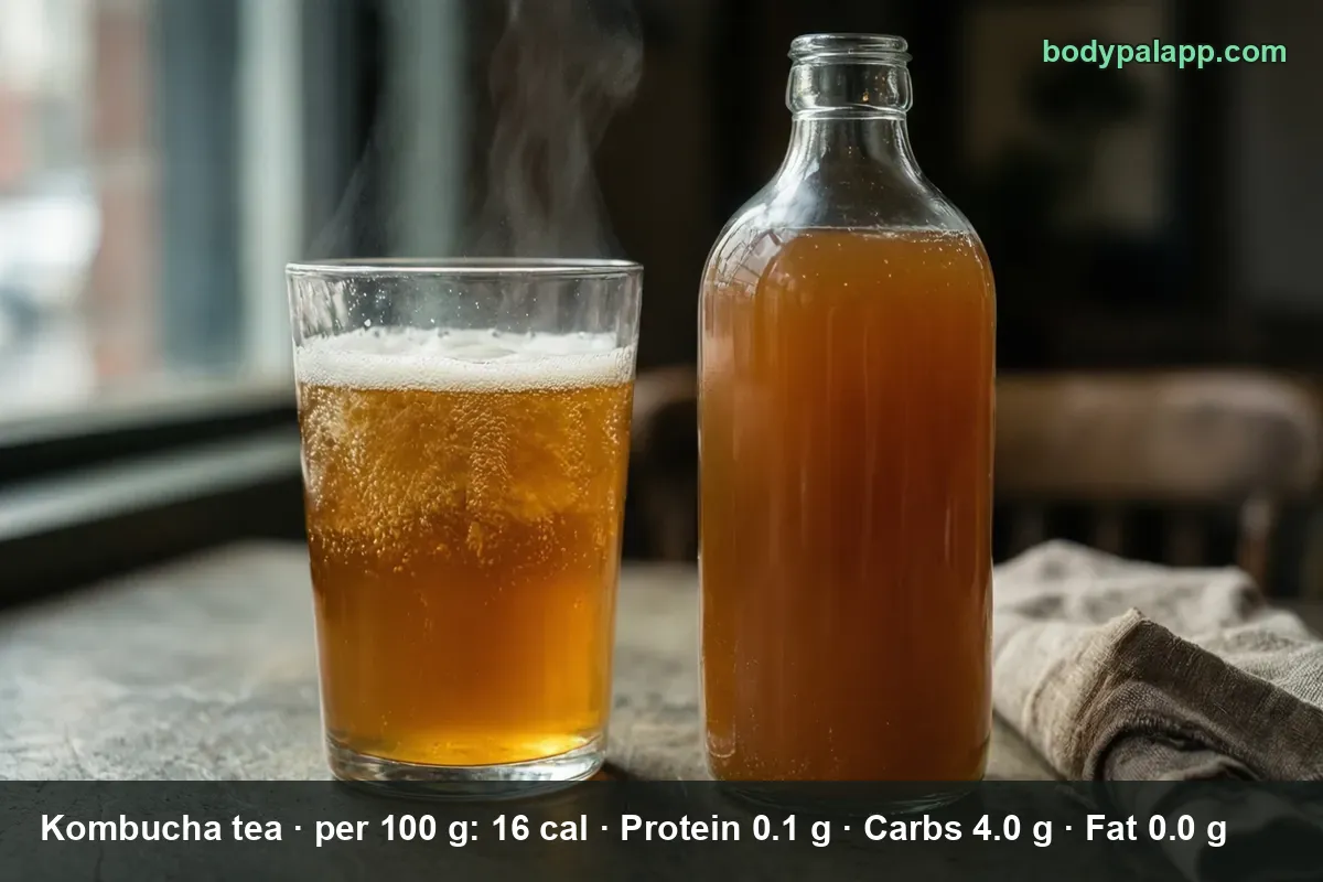 Glass of amber kombucha tea with foam next to a clear unlabeled bottle
