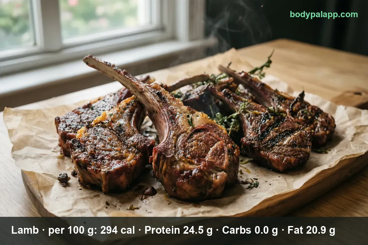 Four roasted bone-in lamb chops with herbs on paper, steam rising