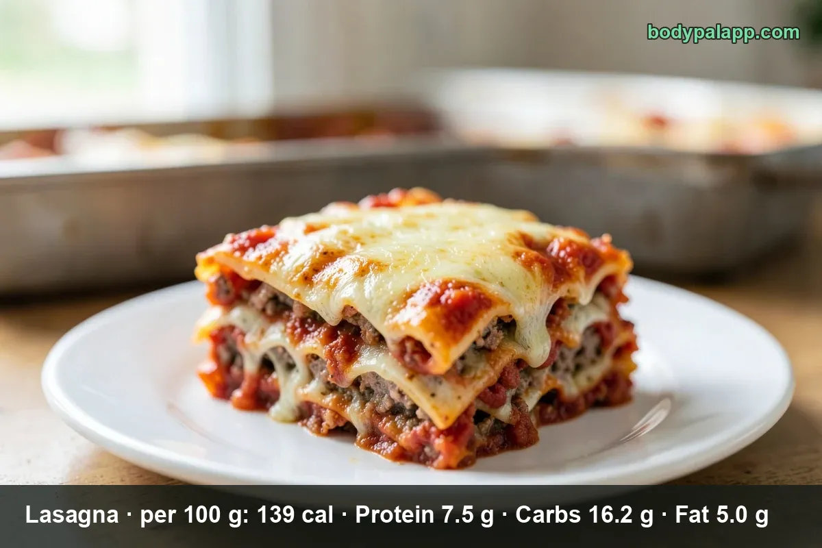 Baked lasagna with meat sauce and melted cheese, cut into pieces