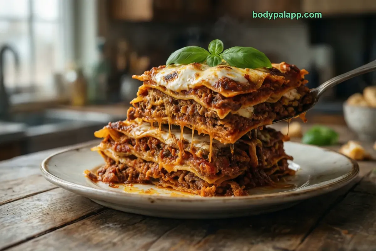 Lasagna with meat and cheese, home recipe, baked