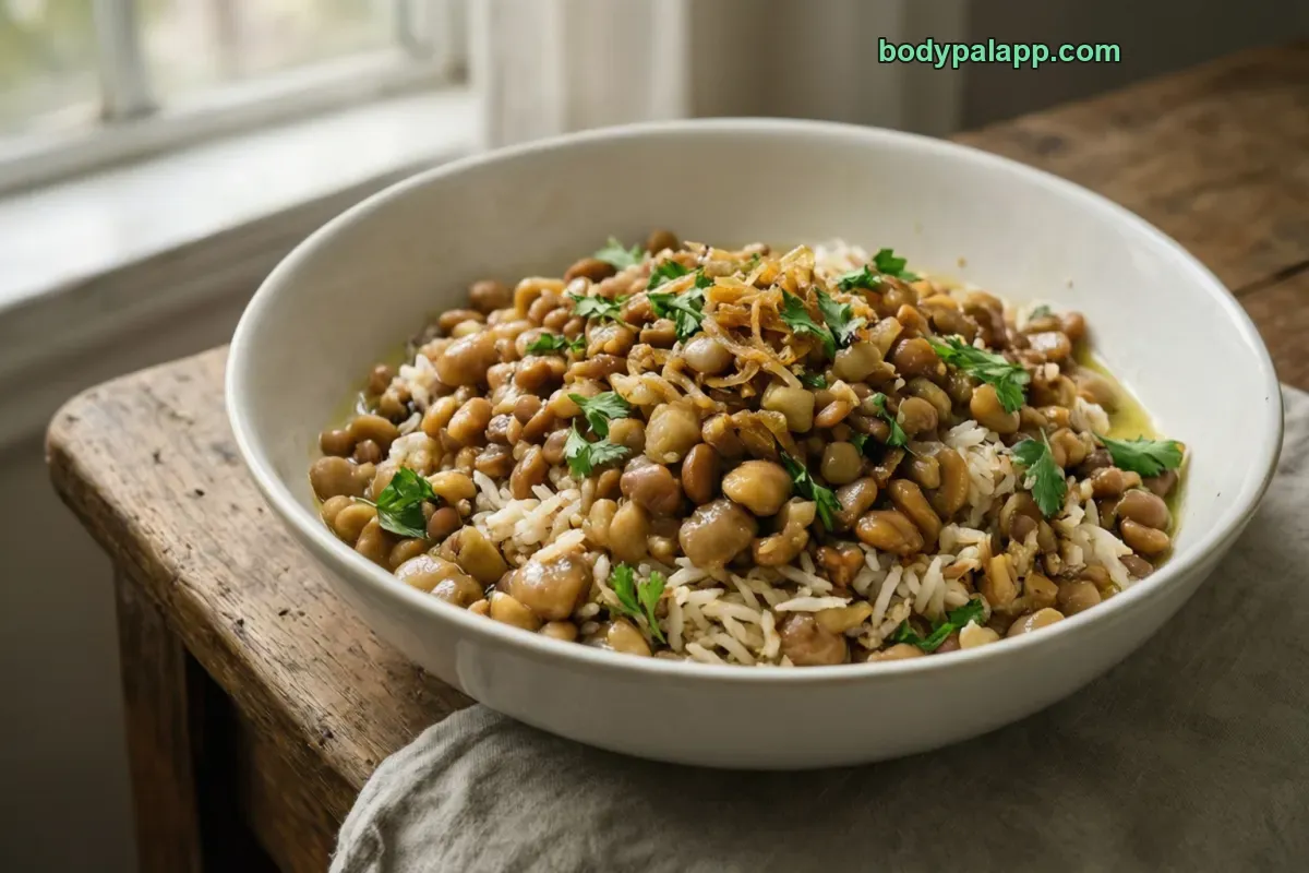 Lentils and rice, white rice, cooked