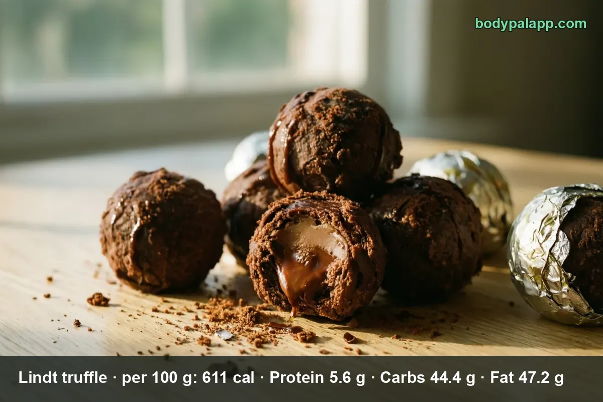 Pile of five cocoa-dusted chocolate truffles, one cut open with a soft flowing filling, three wrapped in plain silver foil.