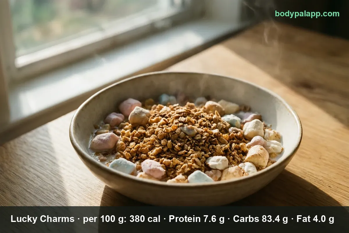 Bowl of Lucky Charms style cereal with milk, pastel marshmallow pieces and toasted oat flakes