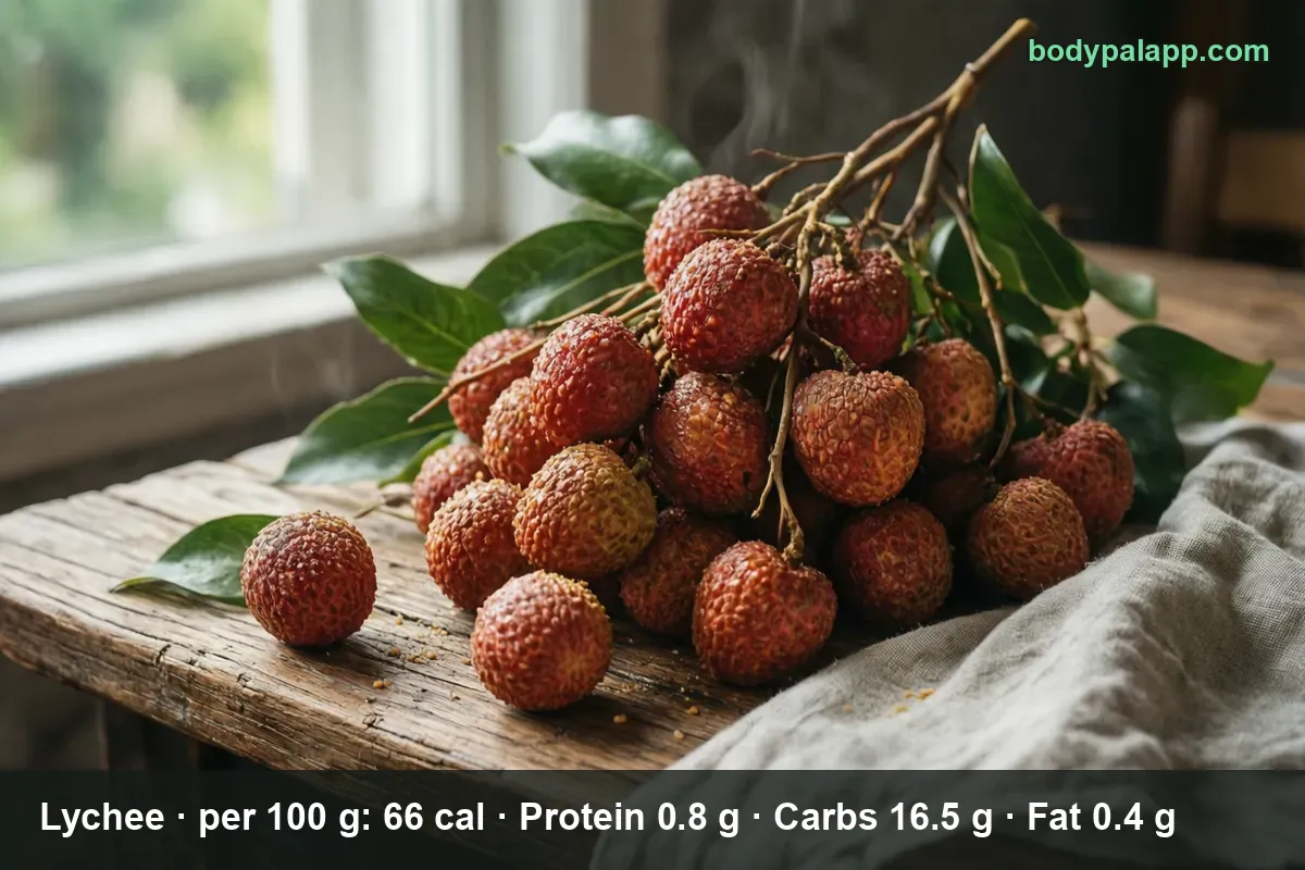 Cluster of fresh lychees on a leafy branch on a wooden board