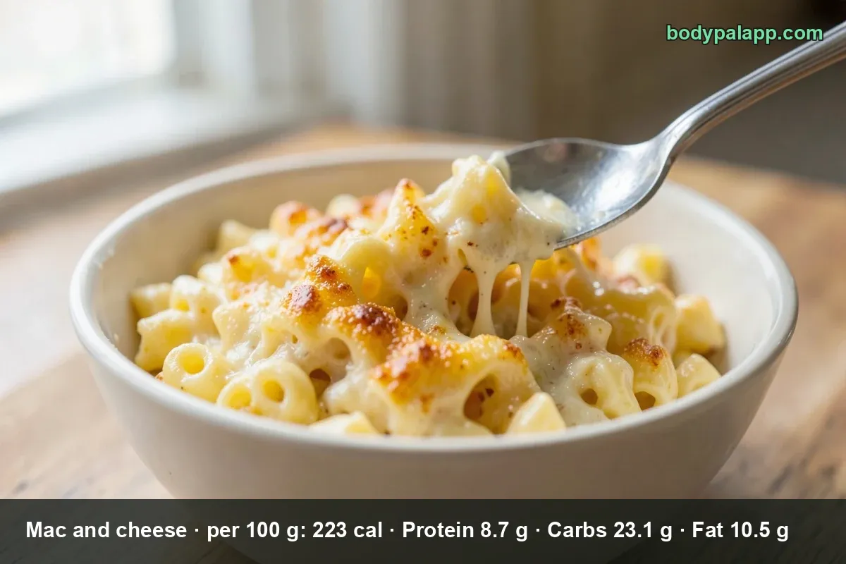 Close-up bowl of creamy macaroni and cheese topped with cracked black pepper, light steam rising