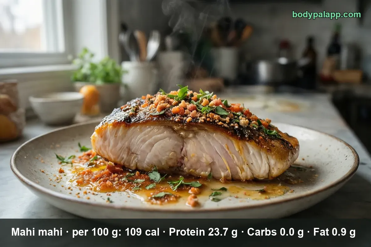 Cooked mahi mahi fillet, a lean white fish portion served plain