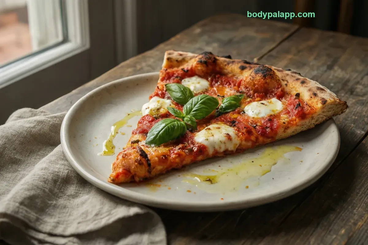 Margherita pizza slice, cheese, thin crust