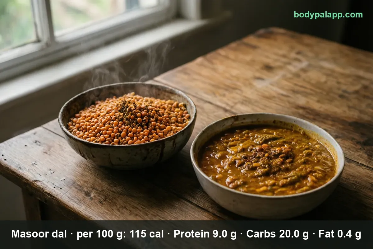 Bowl of dry red lentils with whole spices next to a bowl of cooked masoor dal.