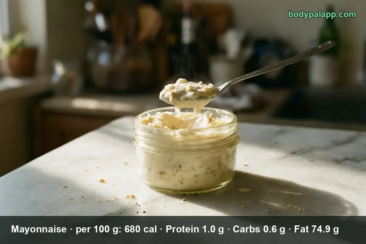 Open jar of thick white mayonnaise with visible texture and a spoon held above it.