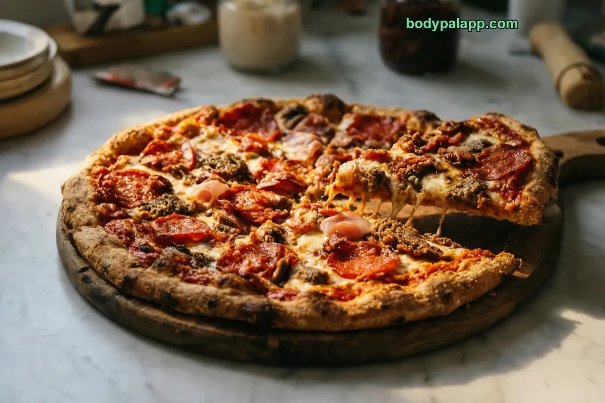 Meat lovers pizza, thick crust, extra meat