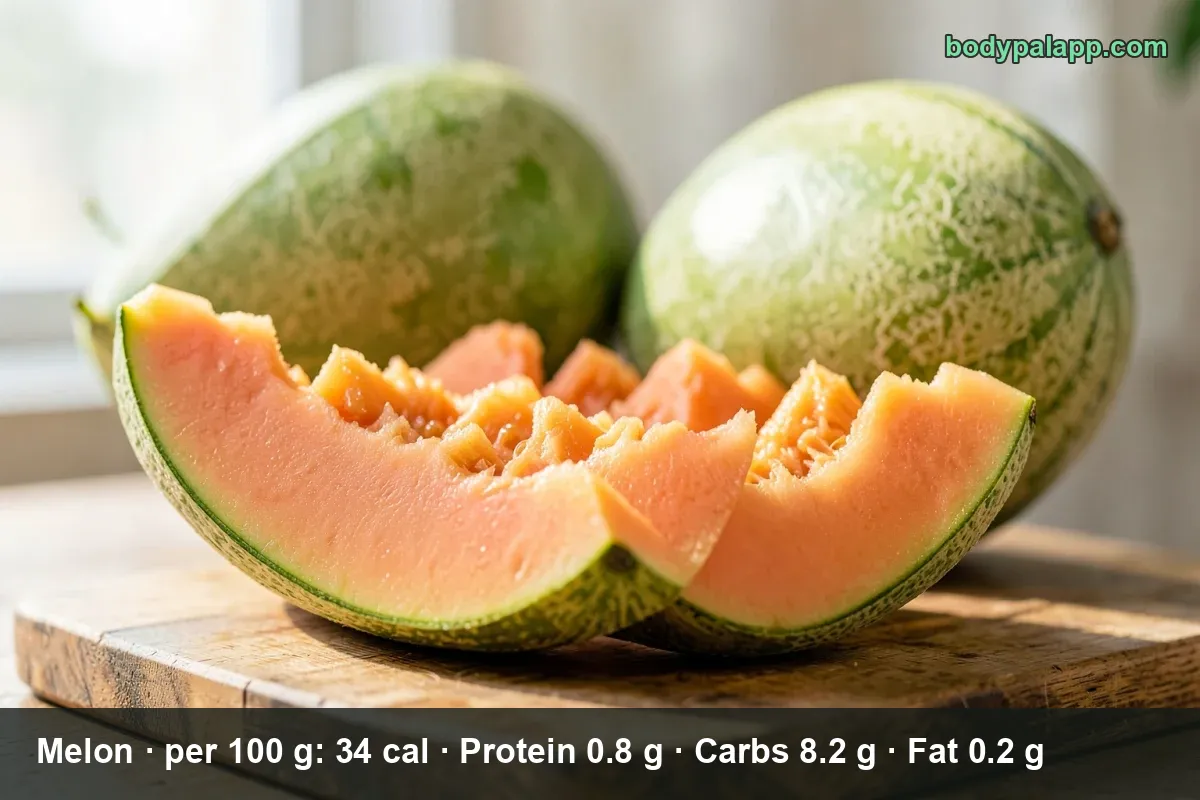 Large cantaloupe wedge with orange flesh, rind and seeds