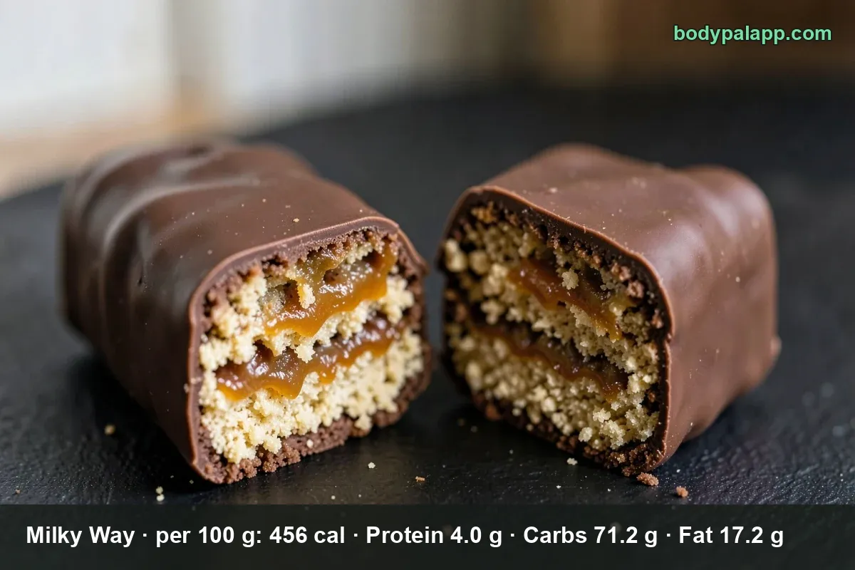 Milky Way chocolate bar unwrapped, showing the caramel and nougat layers under the milk chocolate coating.