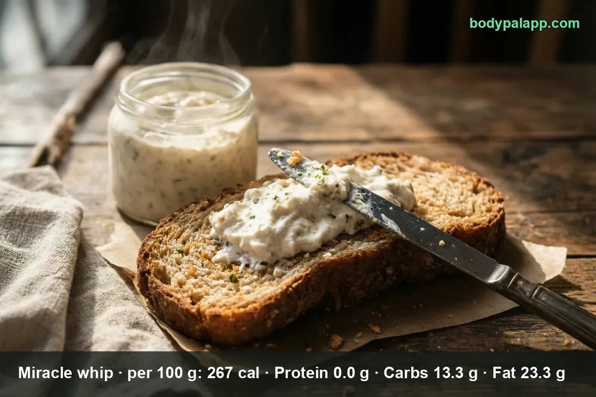 Open jar of white creamy dressing beside a slice of bread spread with it and a knife, no label on the jar.