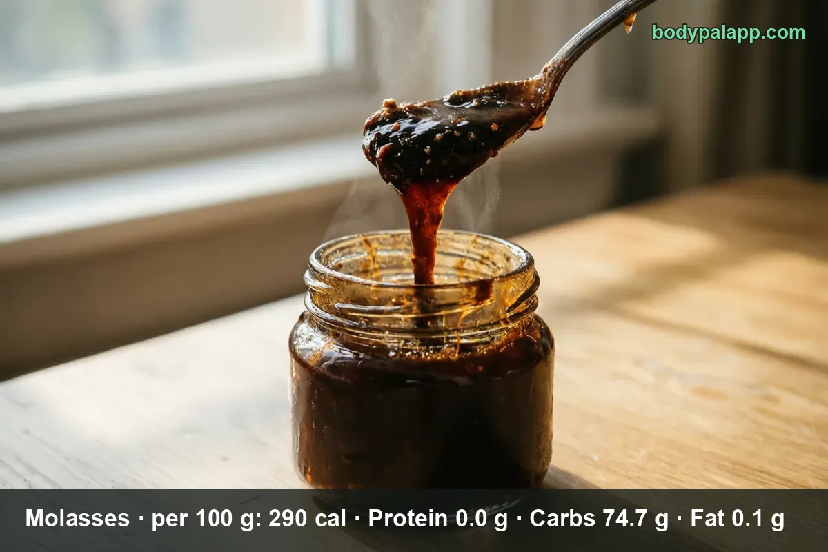 Open jar of dark molasses with a spoon above it pouring a thick stream of syrup.
