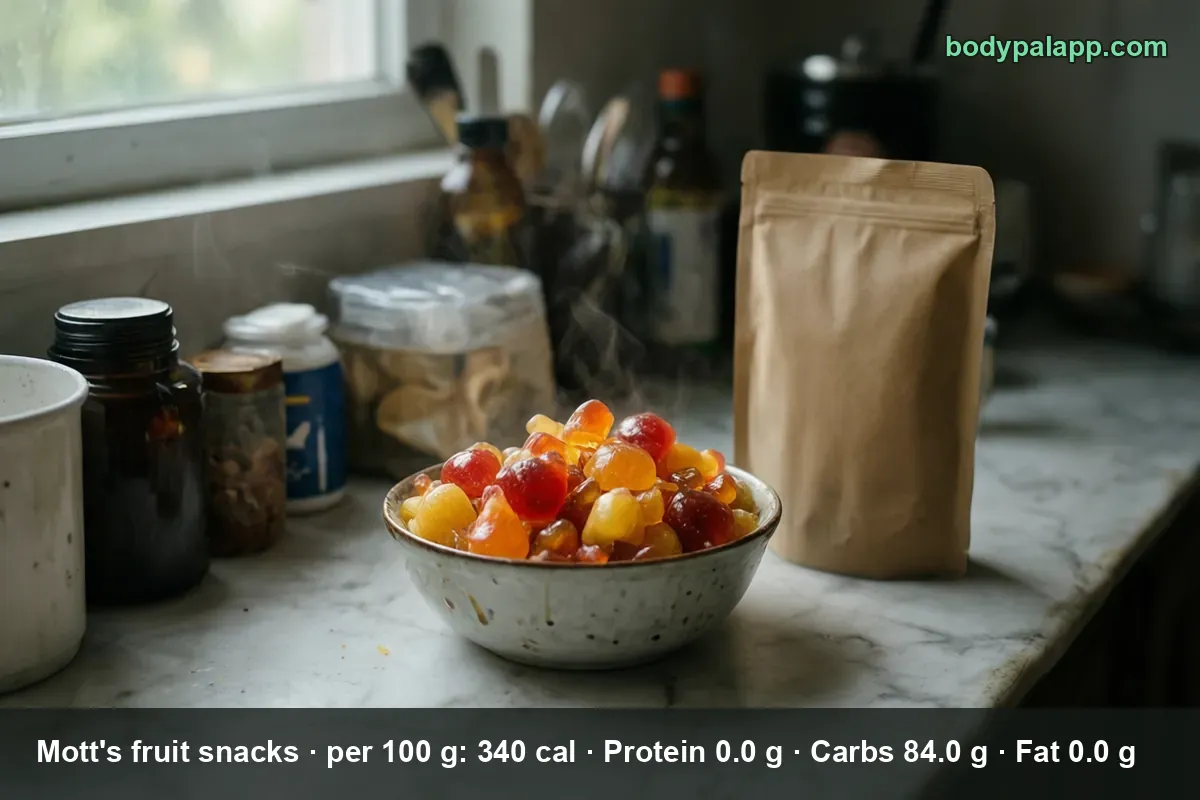 Bowl of red, orange and yellow fruit snack gummies next to a plain kraft paper pouch.