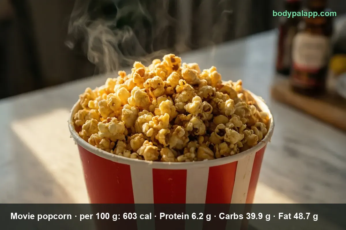 Large red-and-white striped bucket overflowing with steaming yellow buttery movie popcorn