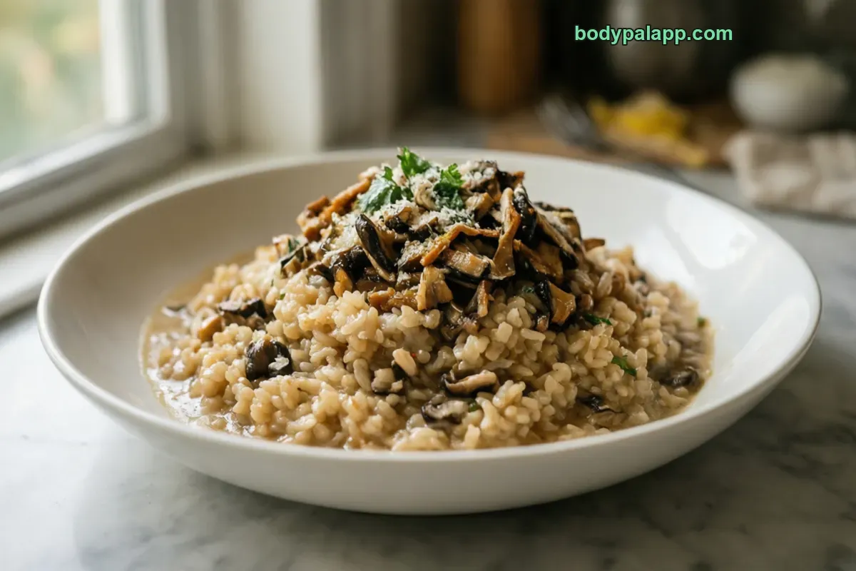 Mushroom risotto, packaged, per label