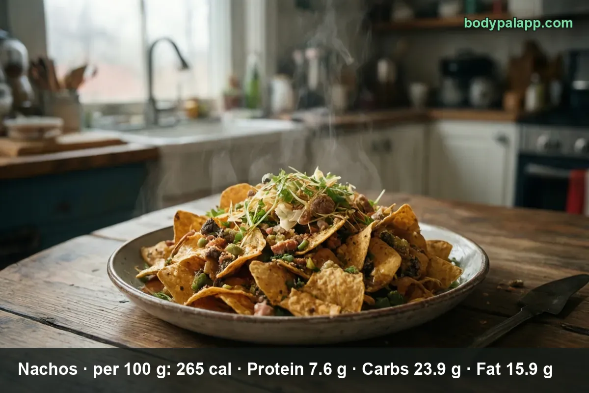Tall pile of nachos in a shallow bowl topped with fresh sprouts