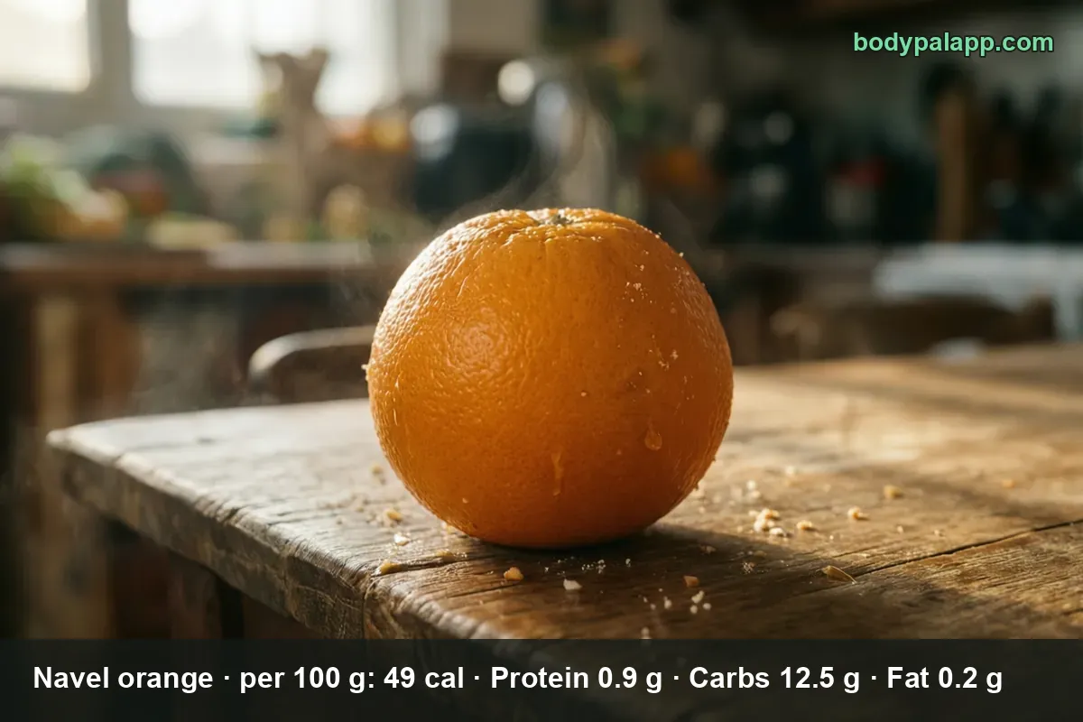 One whole navel orange on a wooden table, stem end facing the camera