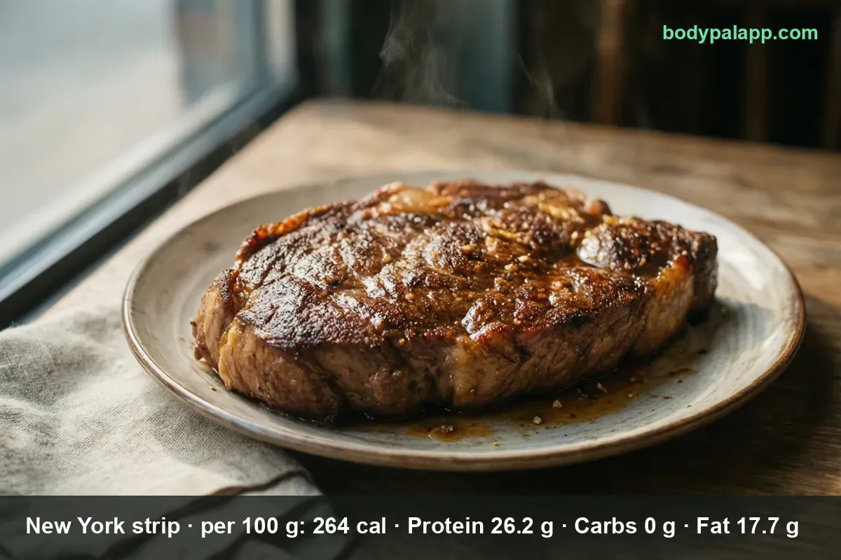 One whole cooked boneless New York strip steak on a plate with pan sauce - 449 calories per 6 oz cooked serving